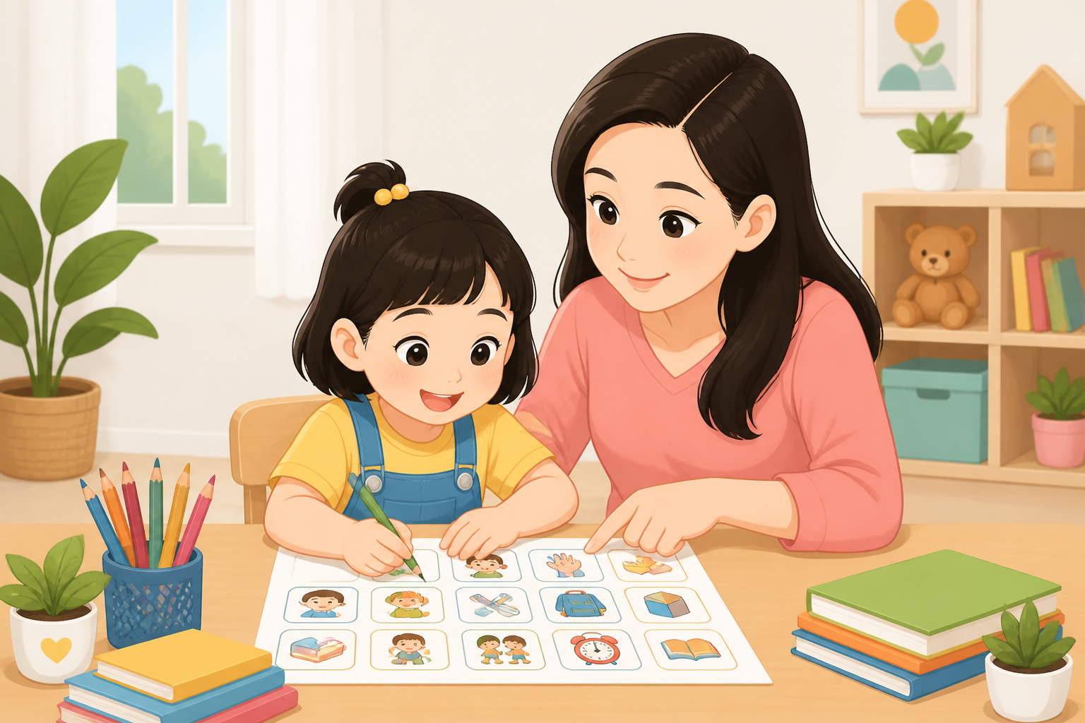 Minh họa bé chuẩn bị vào lớp 1 cùng bố mẹ cho bài viết Checklist 15 kỹ năng bé cần có trước khi vào lớp 1 Bố mẹ có thể