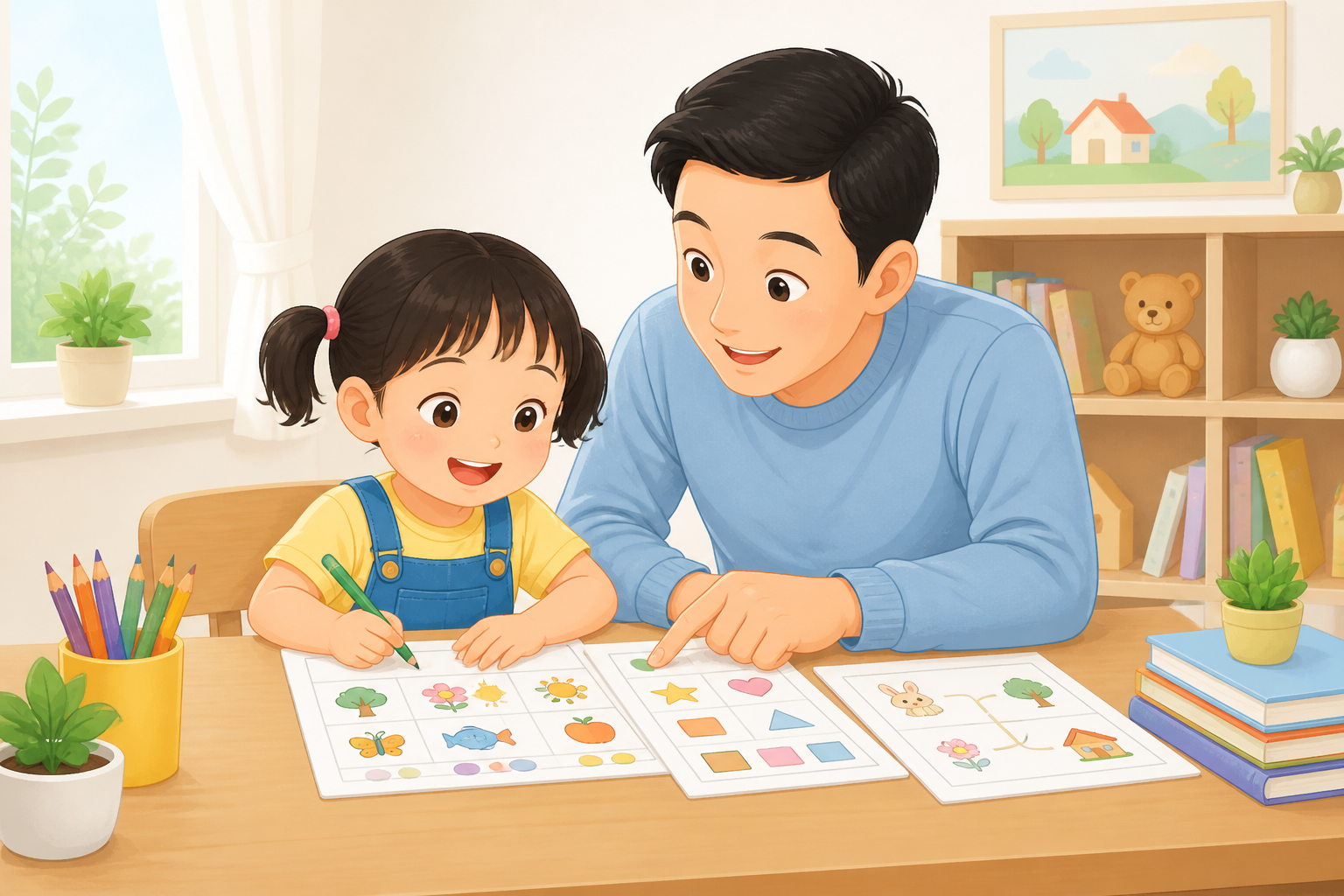 Minh họa bé chuẩn bị vào lớp 1 cùng bố mẹ cho bài viết Có nên cho bé 5 tuổi học đọc, học viết trước khi vào lớp 1? Điều bố