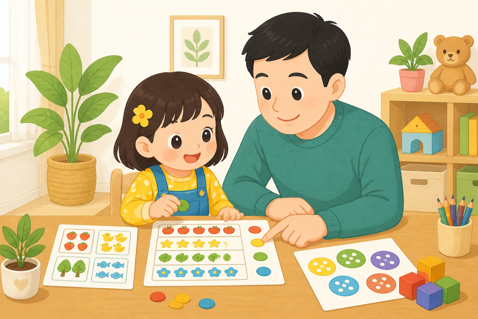 Minh họa bé chuẩn bị vào lớp 1 cùng bố mẹ — phần "Những trò chơi giúp bé học số tự nhiên hơn" — phong cách minh họa TinyJoy.