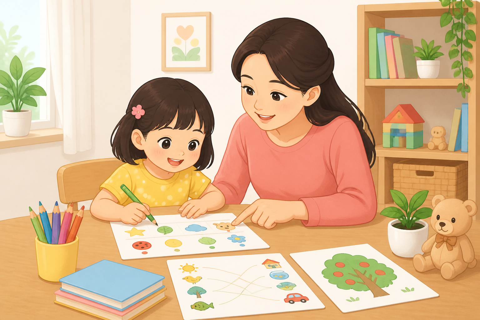 Minh họa bé chuẩn bị vào lớp 1 cùng bố mẹ — phần "Bố mẹ có thể đồng hành cùng con như thế nào?" — phong cách minh họa
