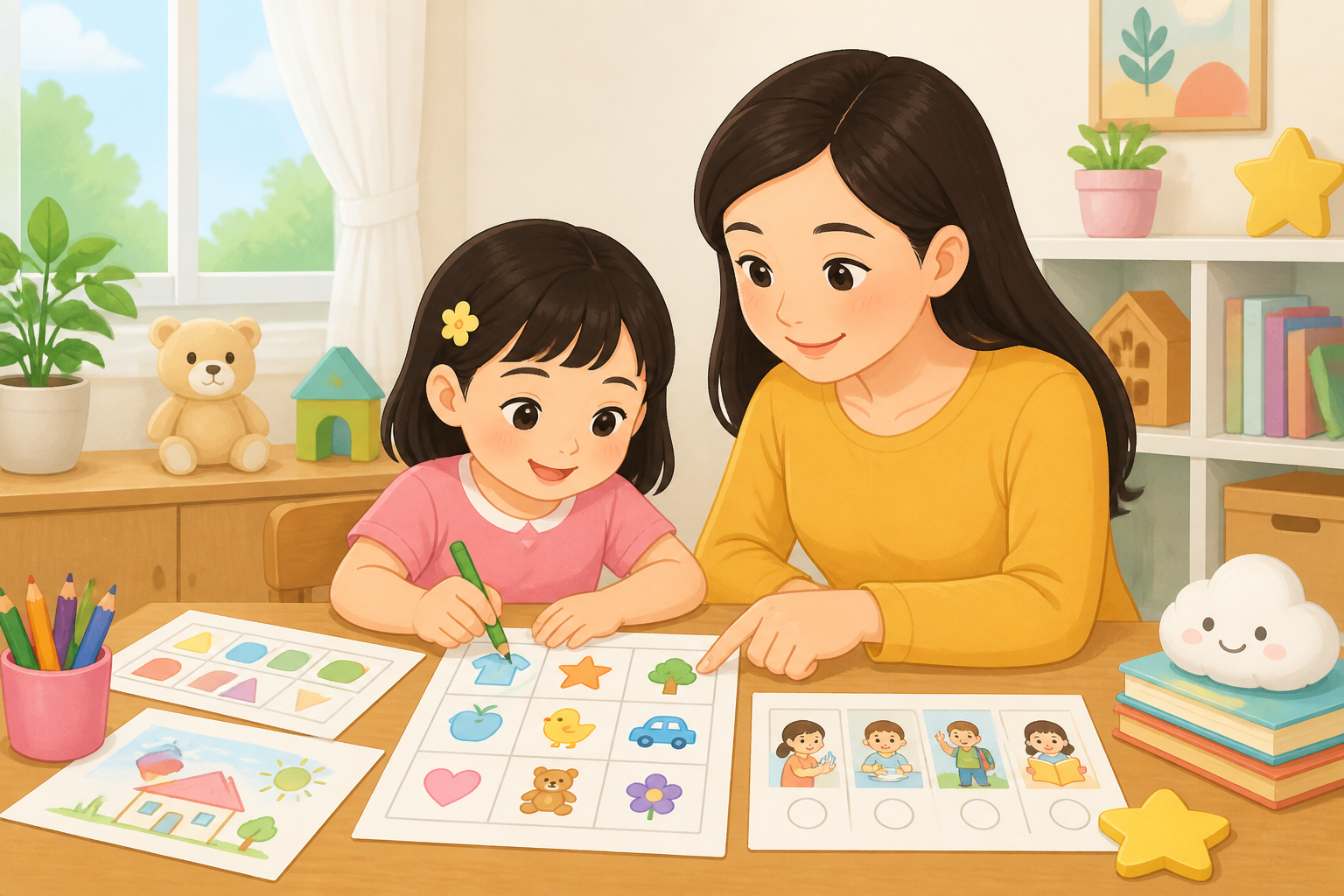 Minh họa bé chuẩn bị vào lớp 1 cùng bố mẹ — phần "Nếu bé chưa có đủ các dấu hiệu trên thì sao?" — phong cách minh họa
