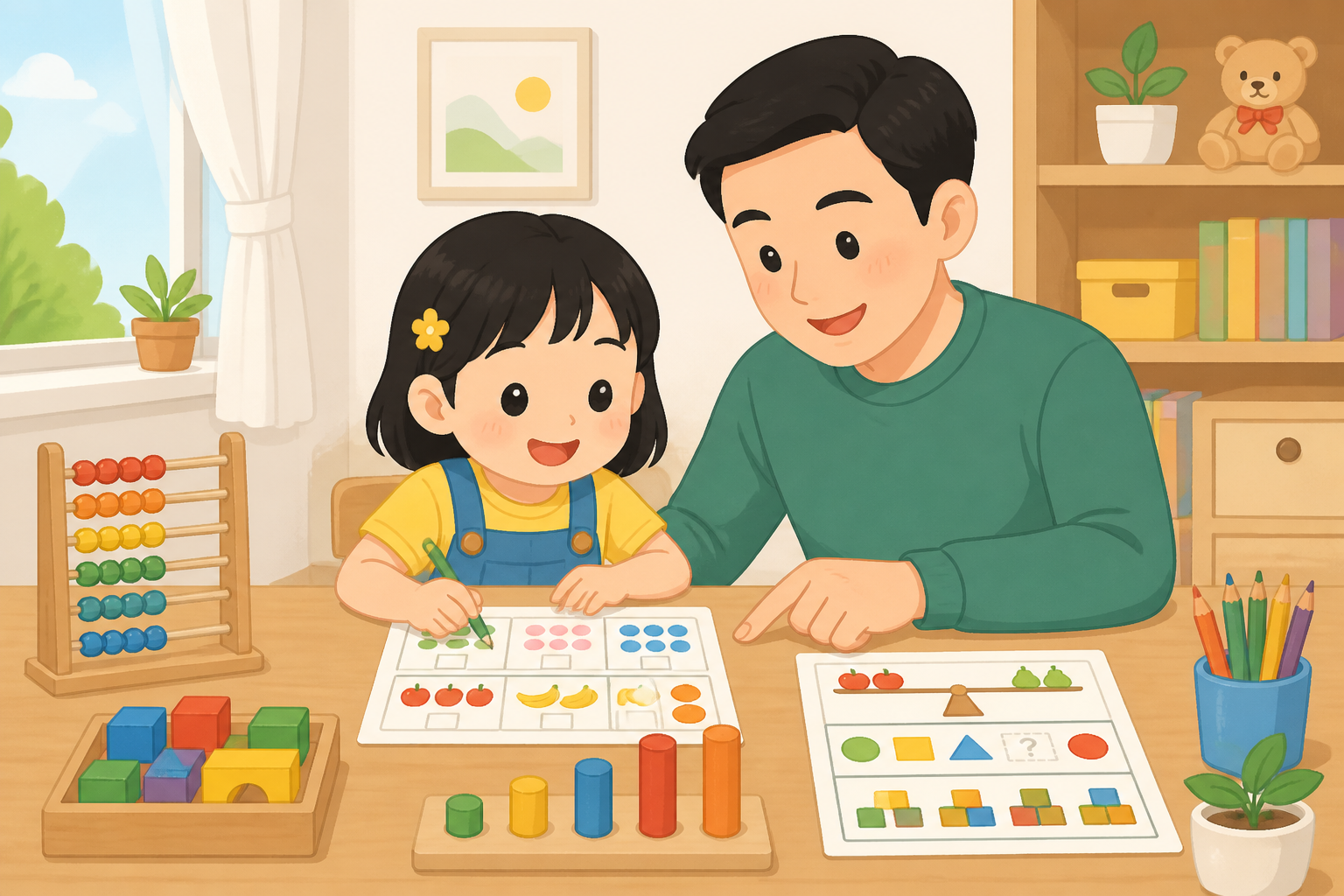 Minh họa bé chuẩn bị vào lớp 1 cùng bố mẹ — phần "2. Toán tư duy" — phong cách minh họa TinyJoy.