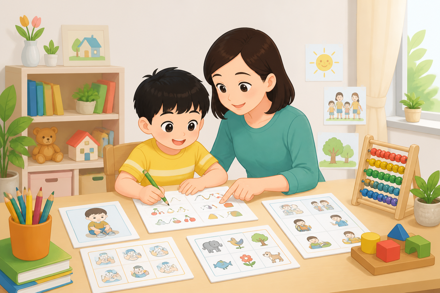 Minh họa bé chuẩn bị vào lớp 1 cùng bố mẹ — phần "10 dấu hiệu cho thấy bé đã sẵn sàng vào lớp 1" — phong cách minh họa