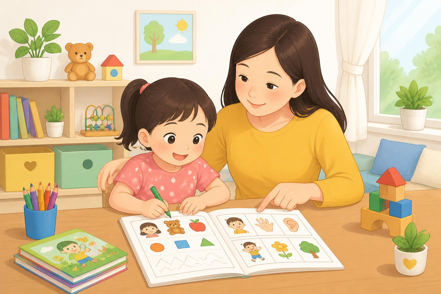 Minh họa bé chuẩn bị vào lớp 1 cùng bố mẹ — phần "Bé nên chuẩn bị những kỹ năng nào trước?" — phong cách minh họa TinyJoy.