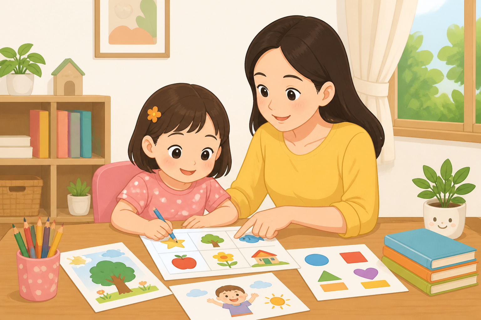 Minh họa bé chuẩn bị vào lớp 1 cùng bố mẹ — phần "Bố mẹ không cần dạy trước chương trình lớp 1" — phong cách minh họa