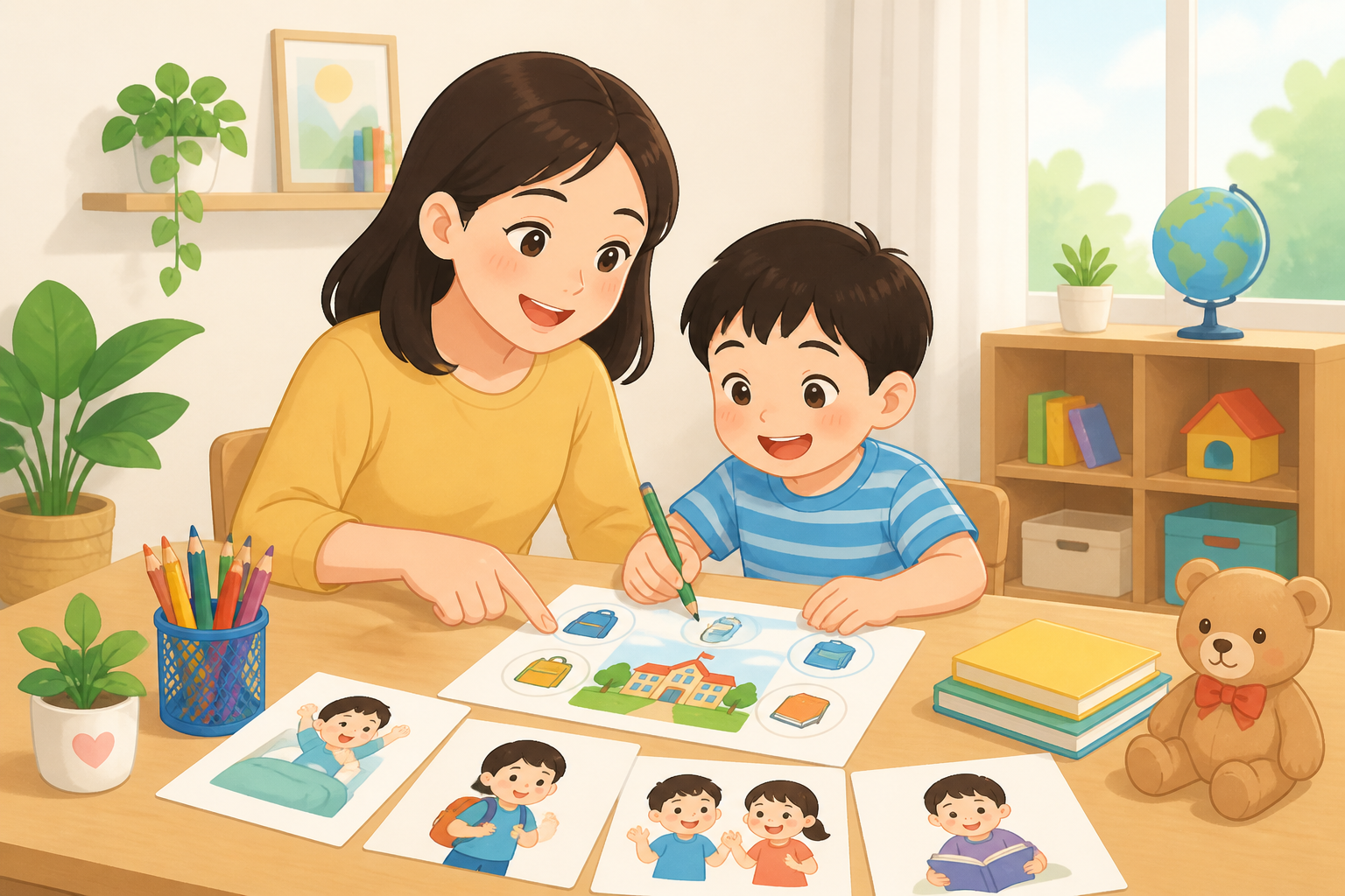 Minh họa bé chuẩn bị vào lớp 1 cùng bố mẹ — phần "9 cách giúp bé tự tin hơn trước ngày nhập học" — phong cách minh họa