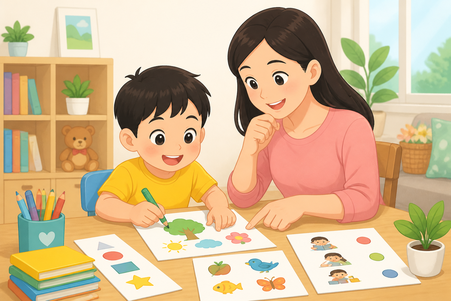 Minh họa bé chuẩn bị vào lớp 1 cùng bố mẹ — phần "15. Hứng thú học tập" — phong cách minh họa TinyJoy.