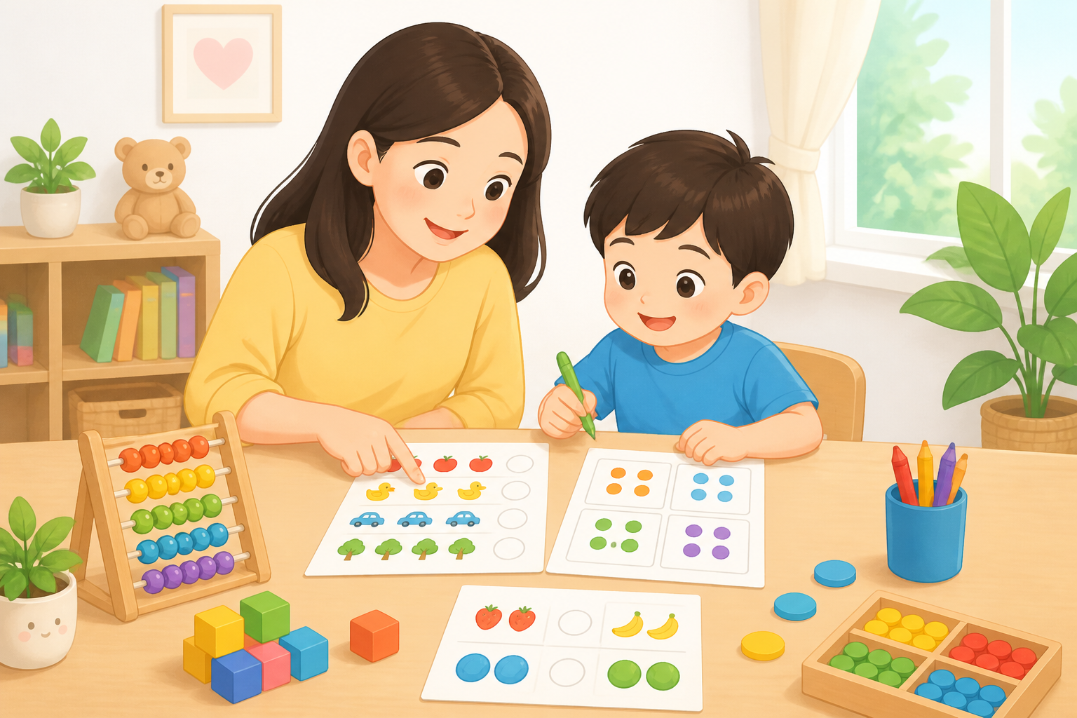 Minh họa bé chuẩn bị vào lớp 1 cùng bố mẹ — phần "Những kỹ năng về số học bé nên có" — phong cách minh họa TinyJoy.