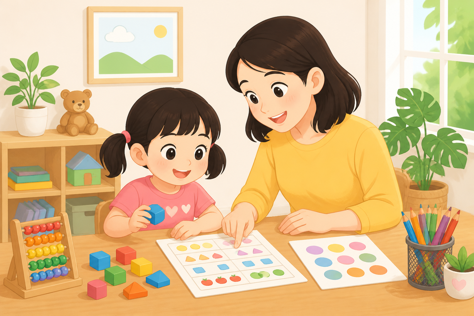 Minh họa bé chuẩn bị vào lớp 1 cùng bố mẹ — phần "Làm thế nào để bé yêu thích Toán?" — phong cách minh họa TinyJoy.